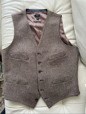 J. Crew Brown Herringbone Wool Vest with Satin Back